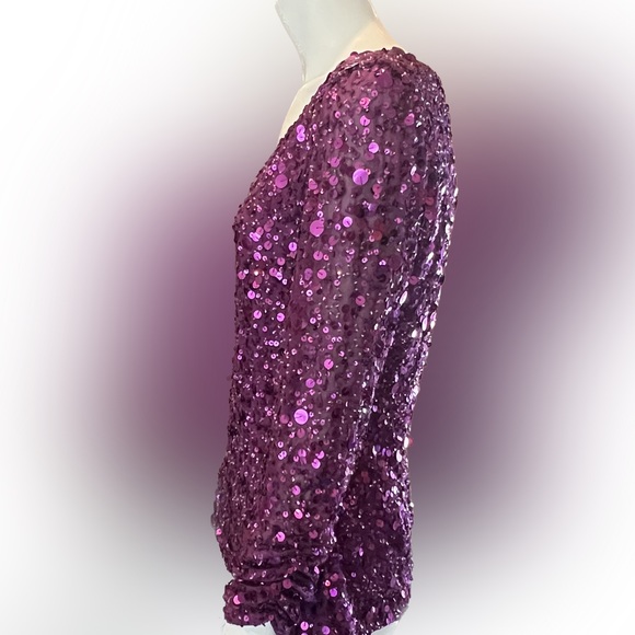 NWT Aidan Mattox Pink Purple Sequin Blouse Shirt Ruched Sleeves V Neck Size S - Picture 3 of 16
